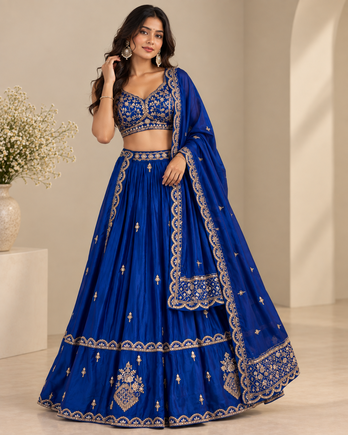 Royal Blue Satin Silk Embroidered Lehenga Set