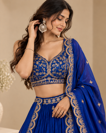 Royal Blue Satin Silk Embroidered Lehenga Set
