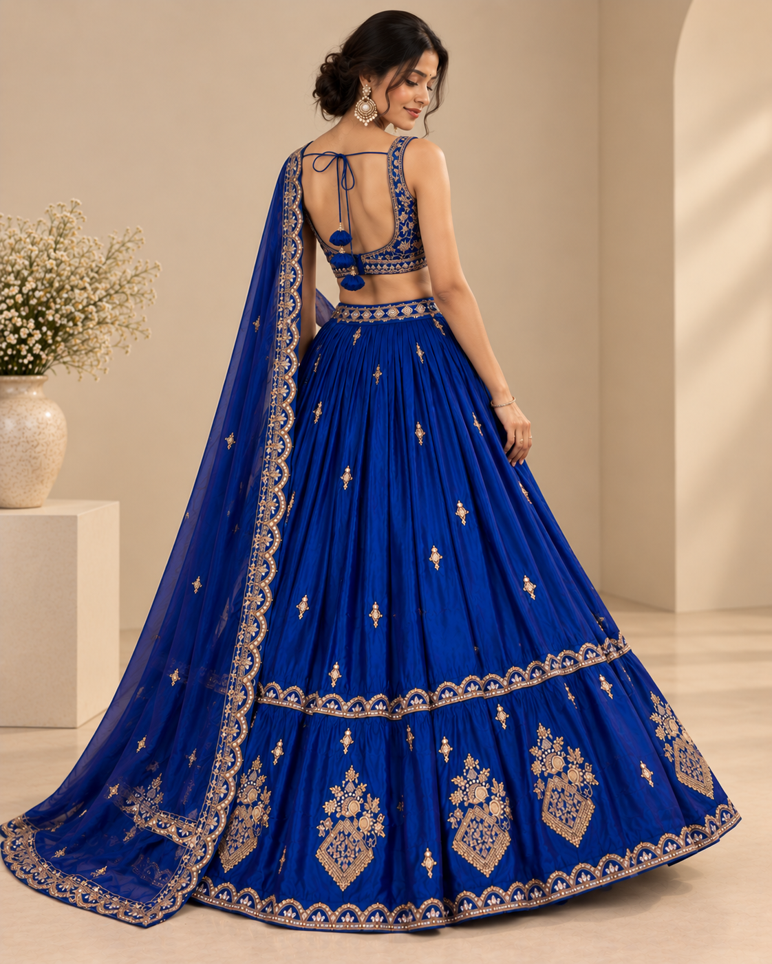 Royal Blue Satin Silk Embroidered Lehenga Set