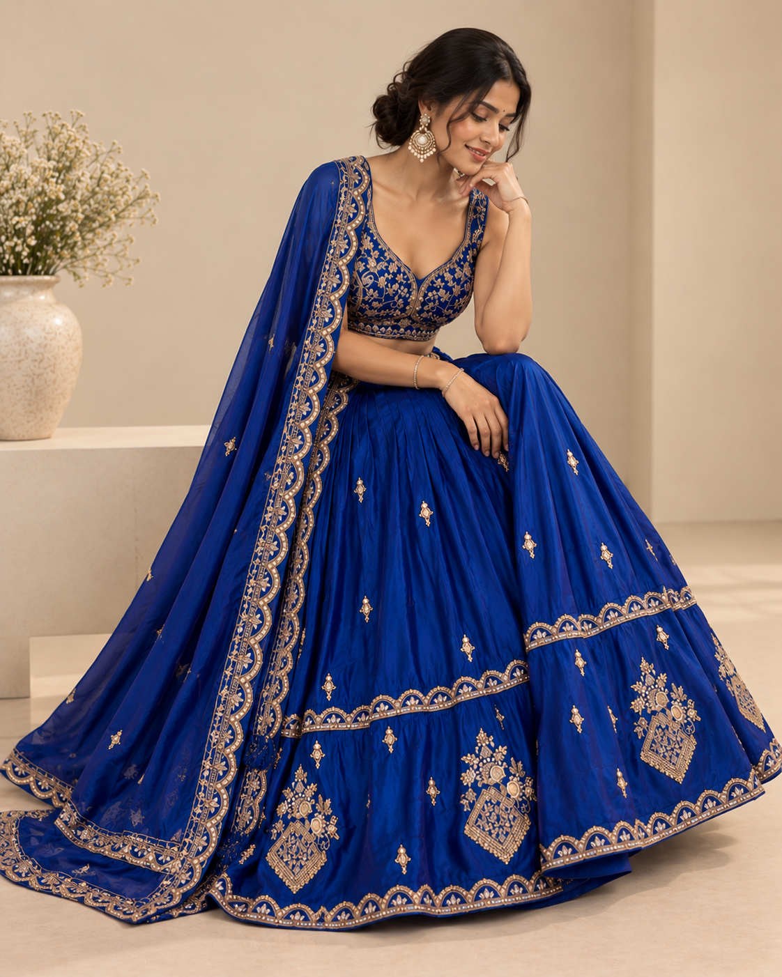 Royal Blue Satin Silk Embroidered Lehenga Set
