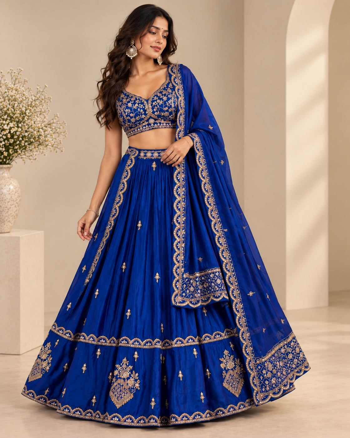Royal Blue Satin Silk Embroidered Lehenga Set