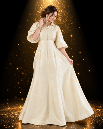 Golden Fish-Cut Brocade Dress