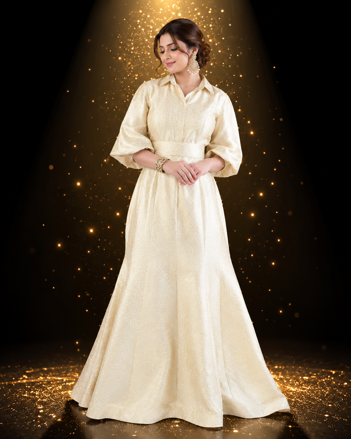 Golden Fish-Cut Brocade Dress