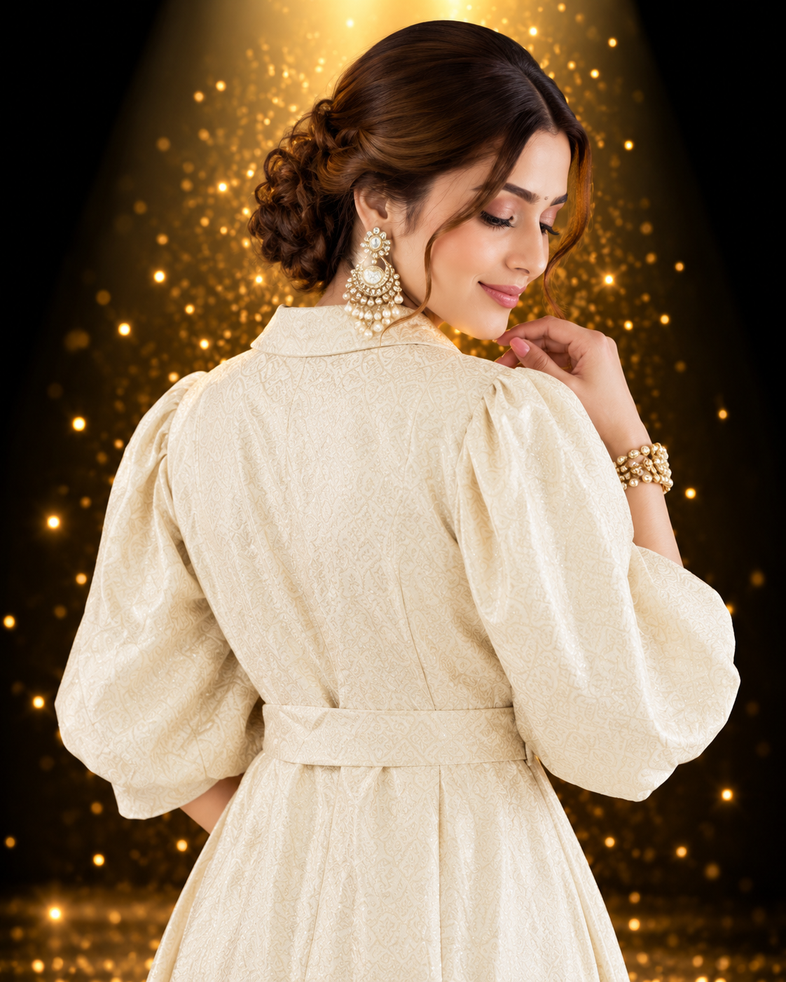 Golden Fish-Cut Brocade Dress