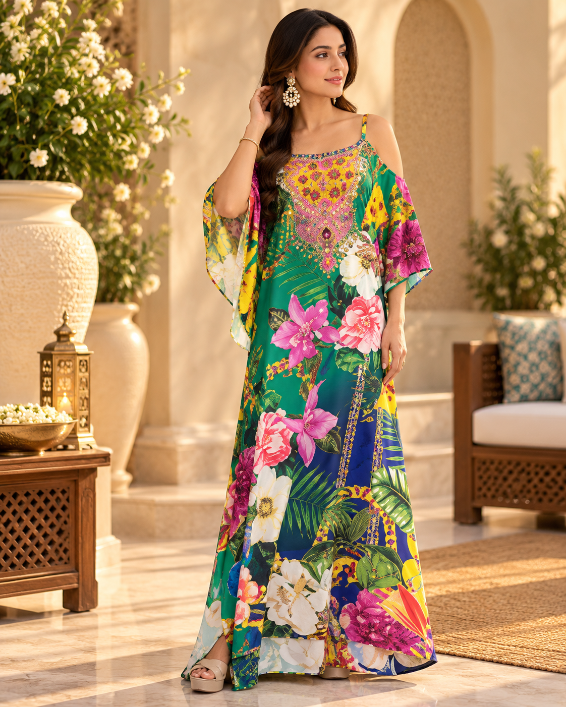 Elegant Cold-Shoulder Kaftan Dress