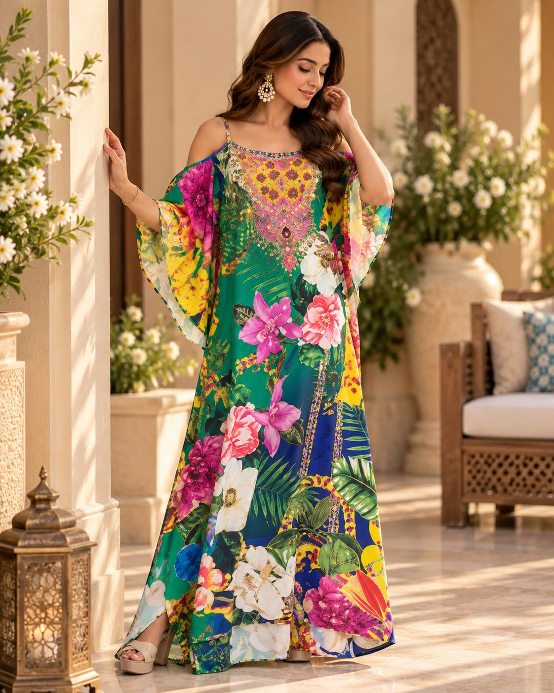 Elegant Cold-Shoulder Kaftan Dress