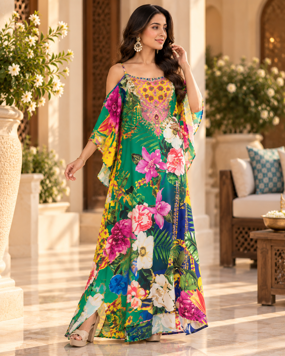 Elegant Cold-Shoulder Kaftan Dress