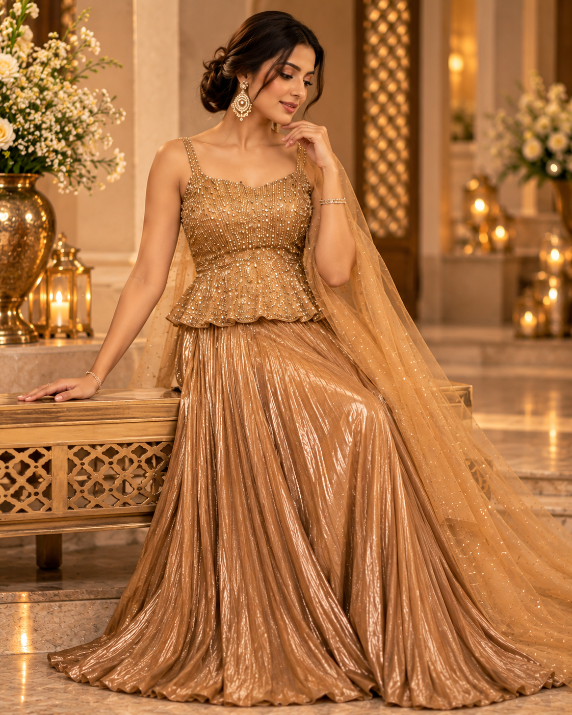 Cream Embroidered Pleated Dress