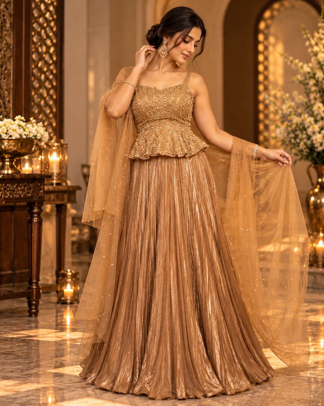 Cream Embroidered Pleated Dress