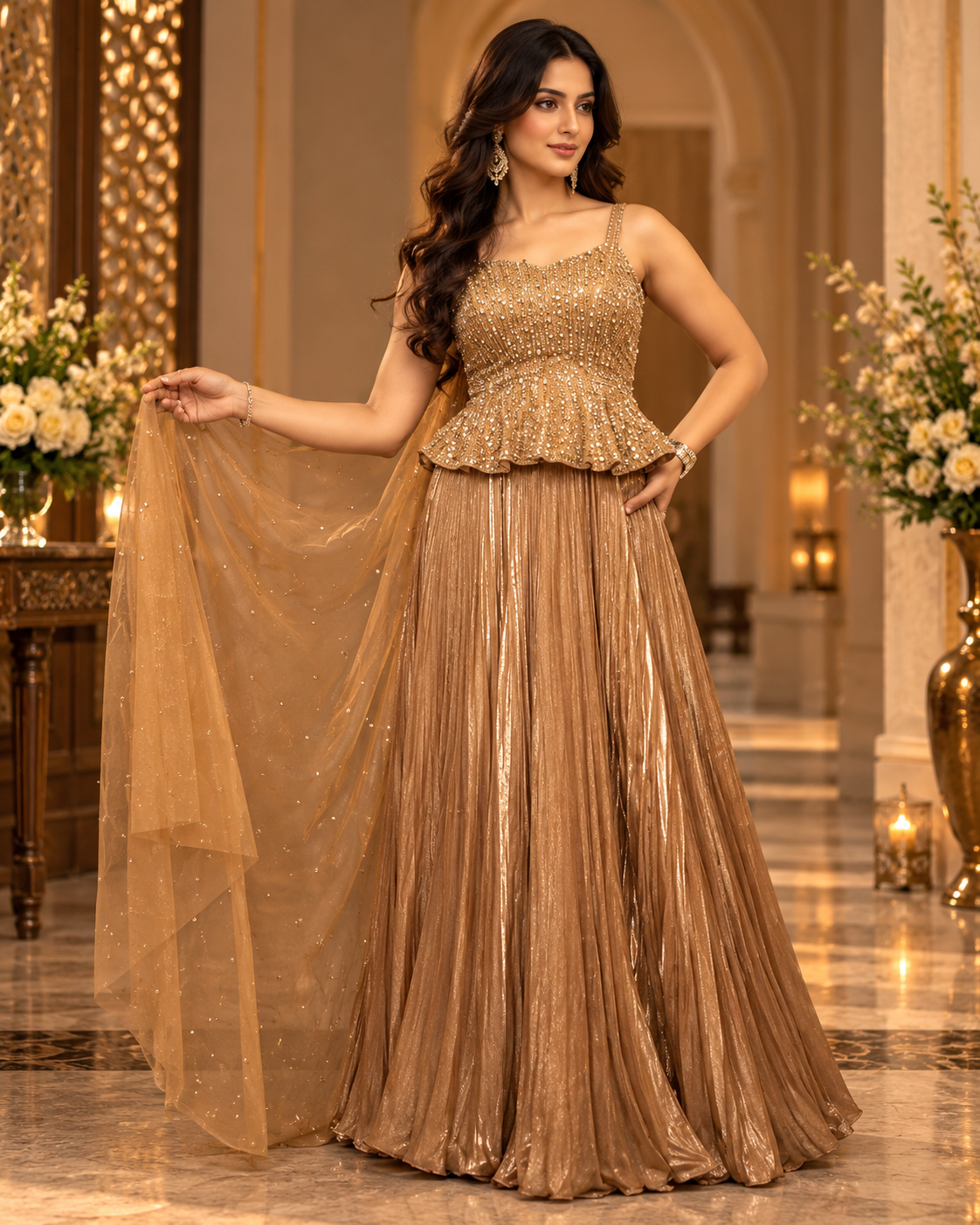 Cream Embroidered Pleated Dress