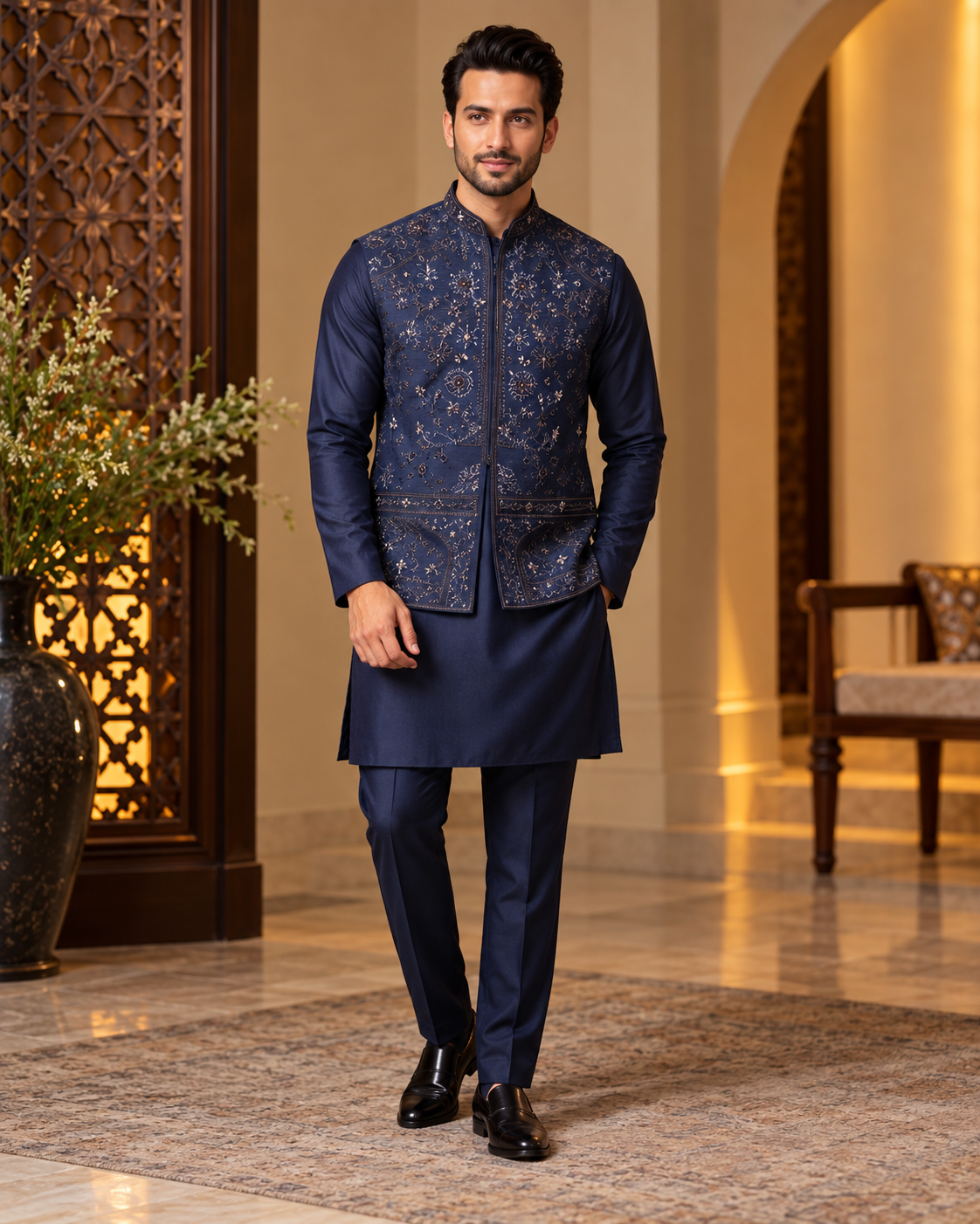Navy Blue Embroidered Jacket Kurta and Pant