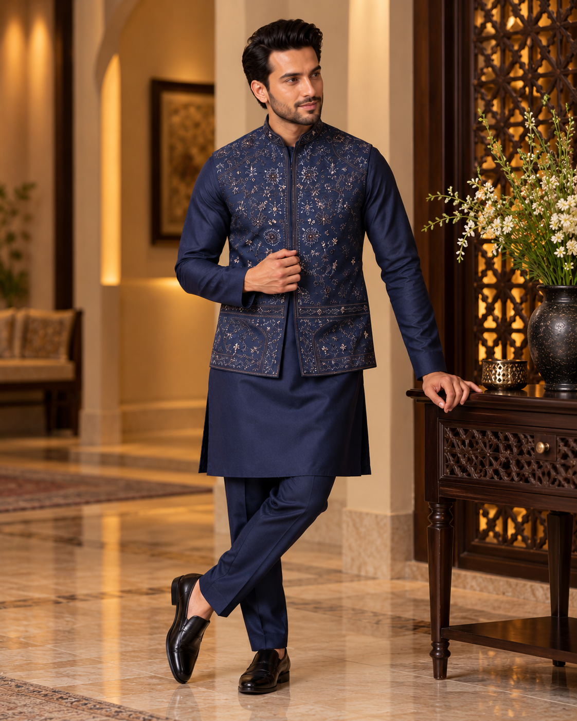 Navy Blue Embroidered Jacket Kurta and Pant