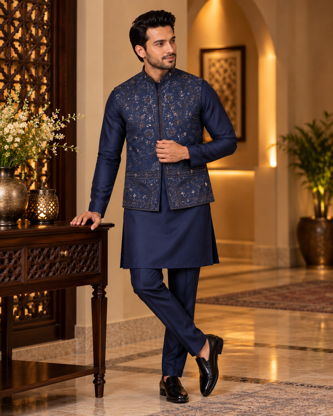Navy Blue Embroidered Jacket Kurta and Pant