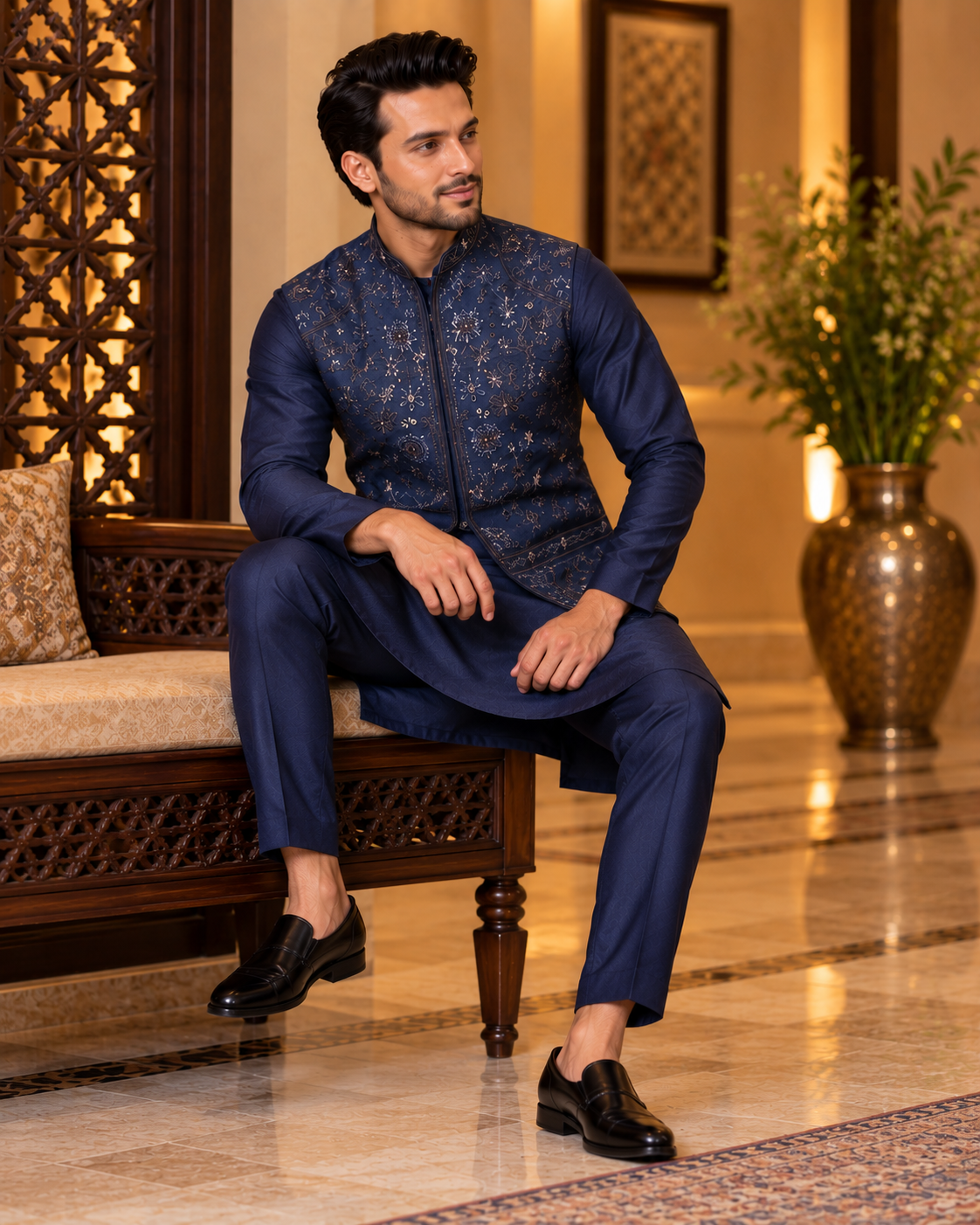 Navy Blue Embroidered Jacket Kurta and Pant