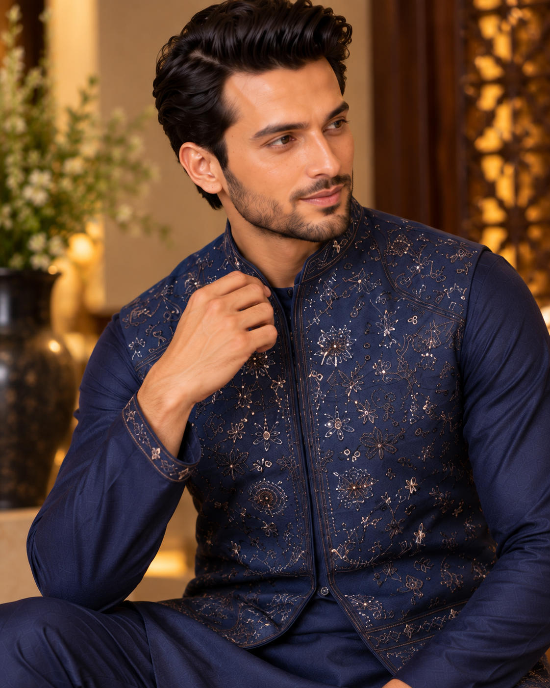Navy Blue Embroidered Jacket Kurta and Pant