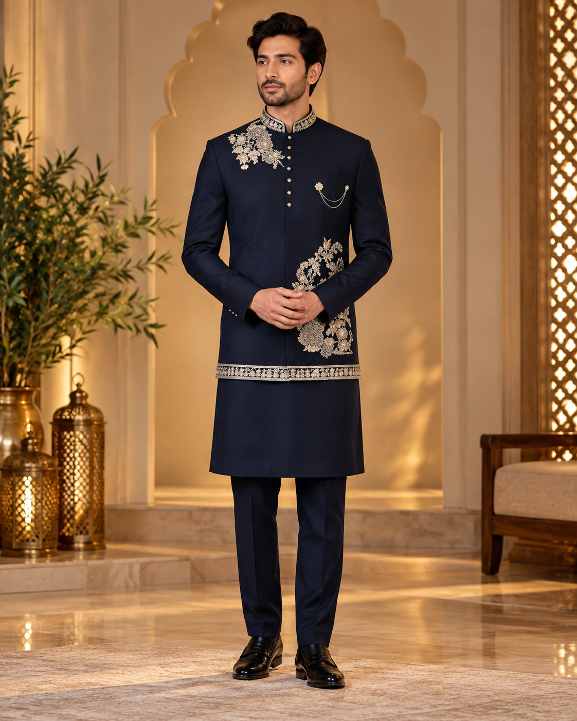 Black Embroidered Jacket Kurta and Pant