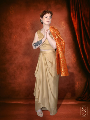 Golden Drape Skirt and Top with Orange Banarasi Coat