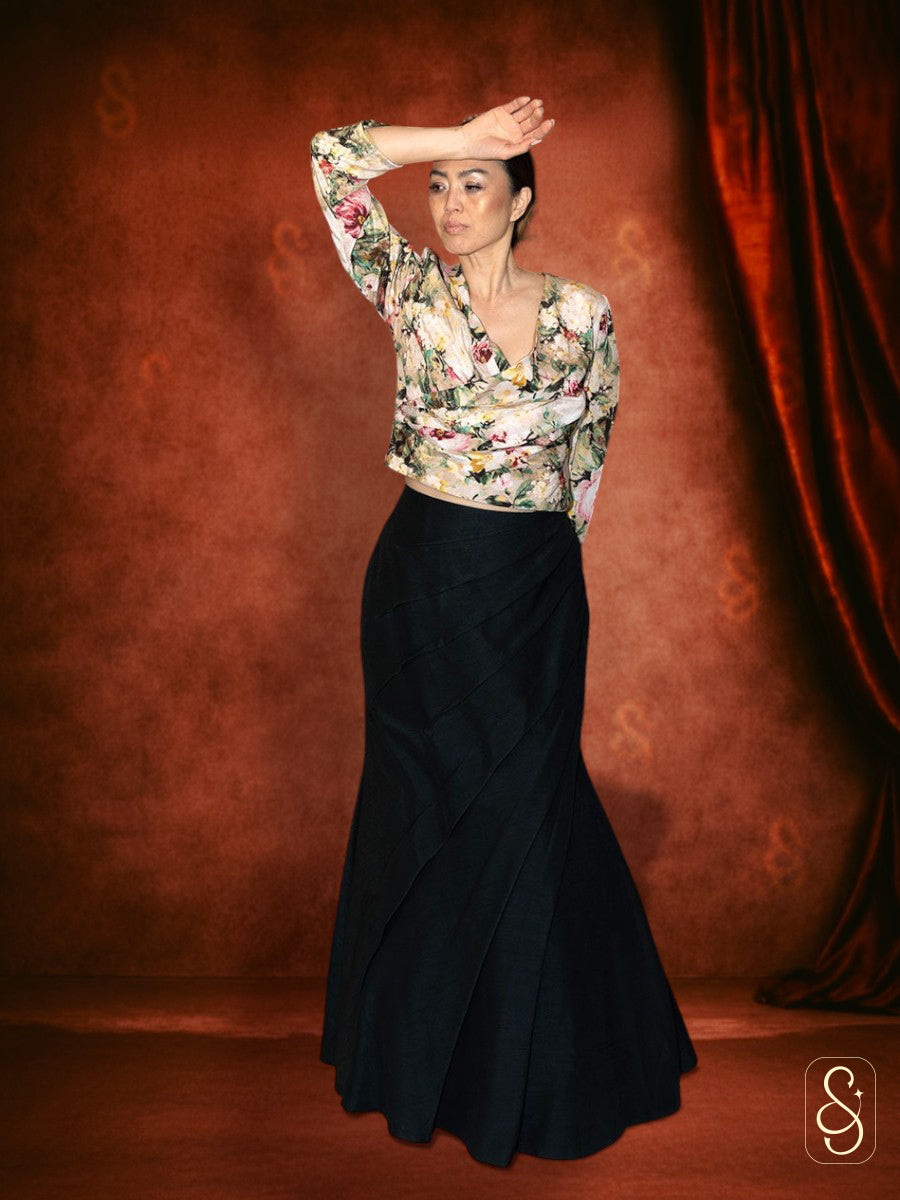 Fish Cut Skirt Printed Top in Raw Silk