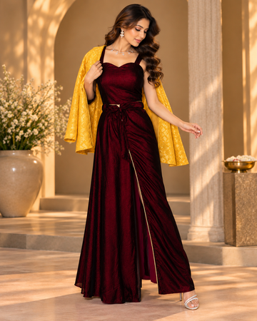 Maroon Velvet Skirt and Brocade Jacket Set