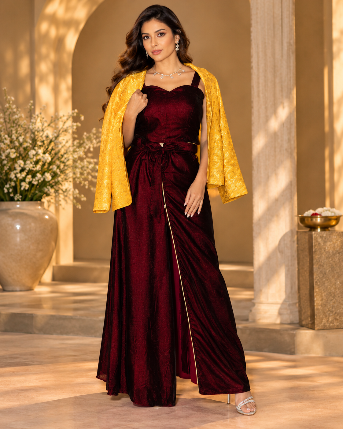 Maroon Velvet Skirt and Brocade Jacket Set