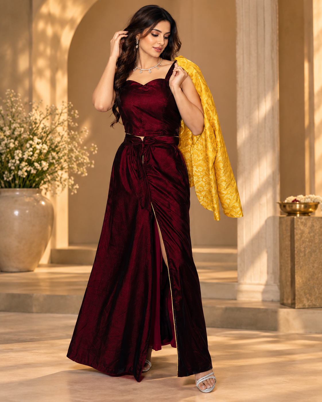 Maroon Velvet Skirt and Brocade Jacket Set
