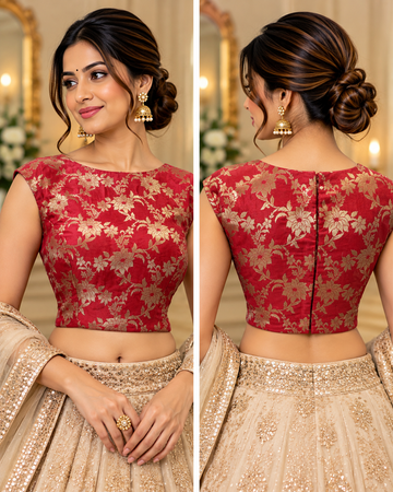 Red Brocade Blouse with Three-Quarter Sleeves