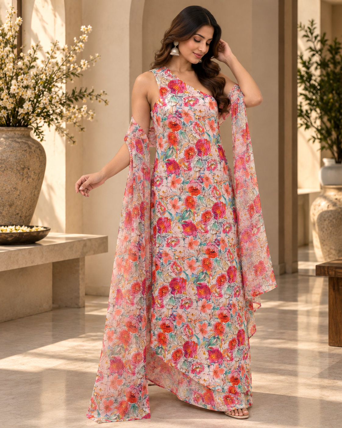 Satin One-Shoulder Dress with Organza Jacket