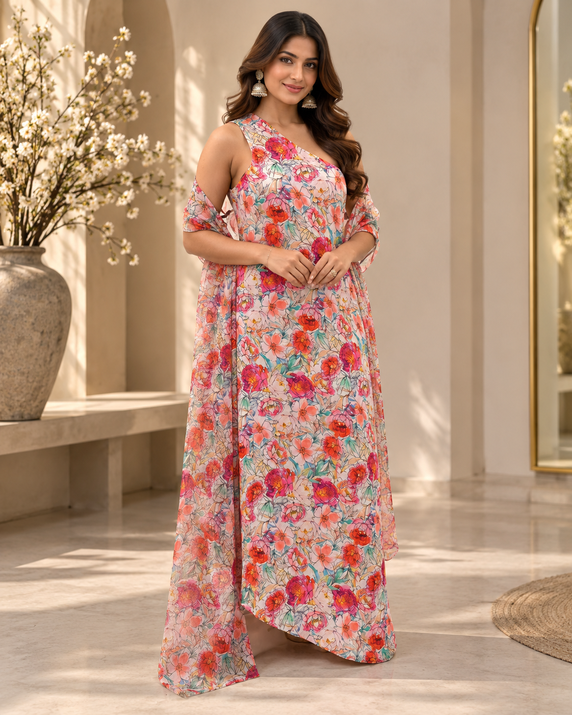Satin One-Shoulder Dress with Organza Jacket