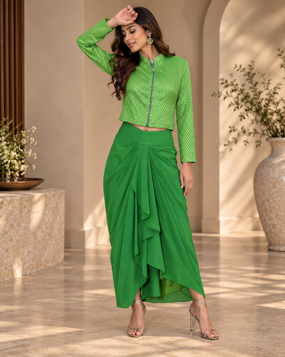 Parrot Green Skirt Brocade Top