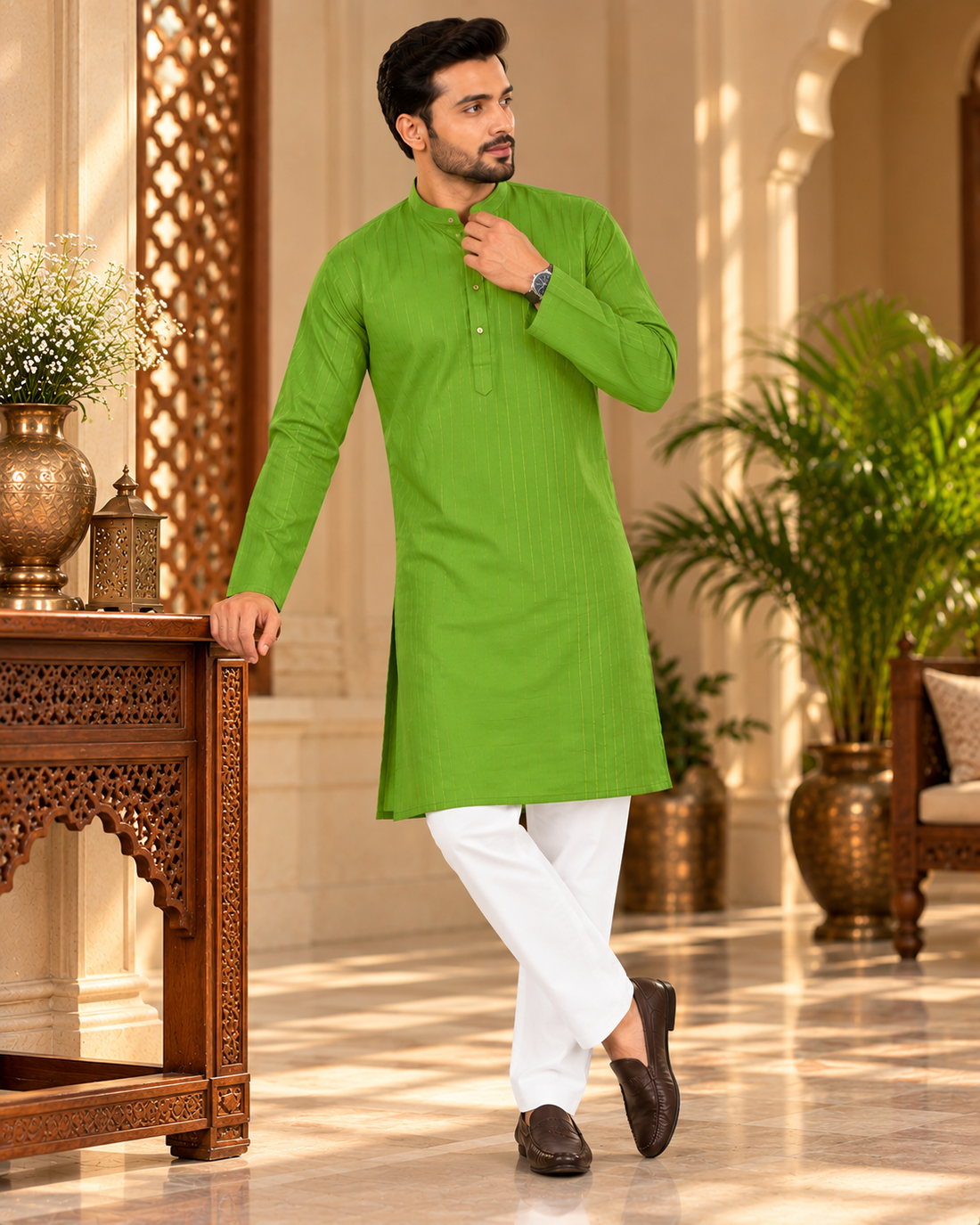 Green Silver-Line Kurta Pajama