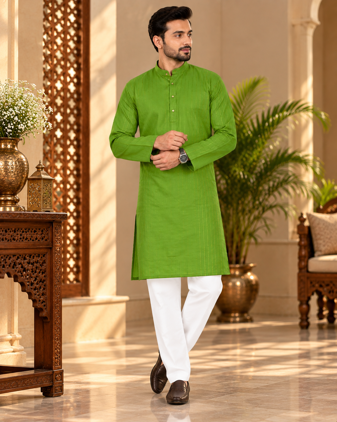Green Silver-Line Kurta Pajama