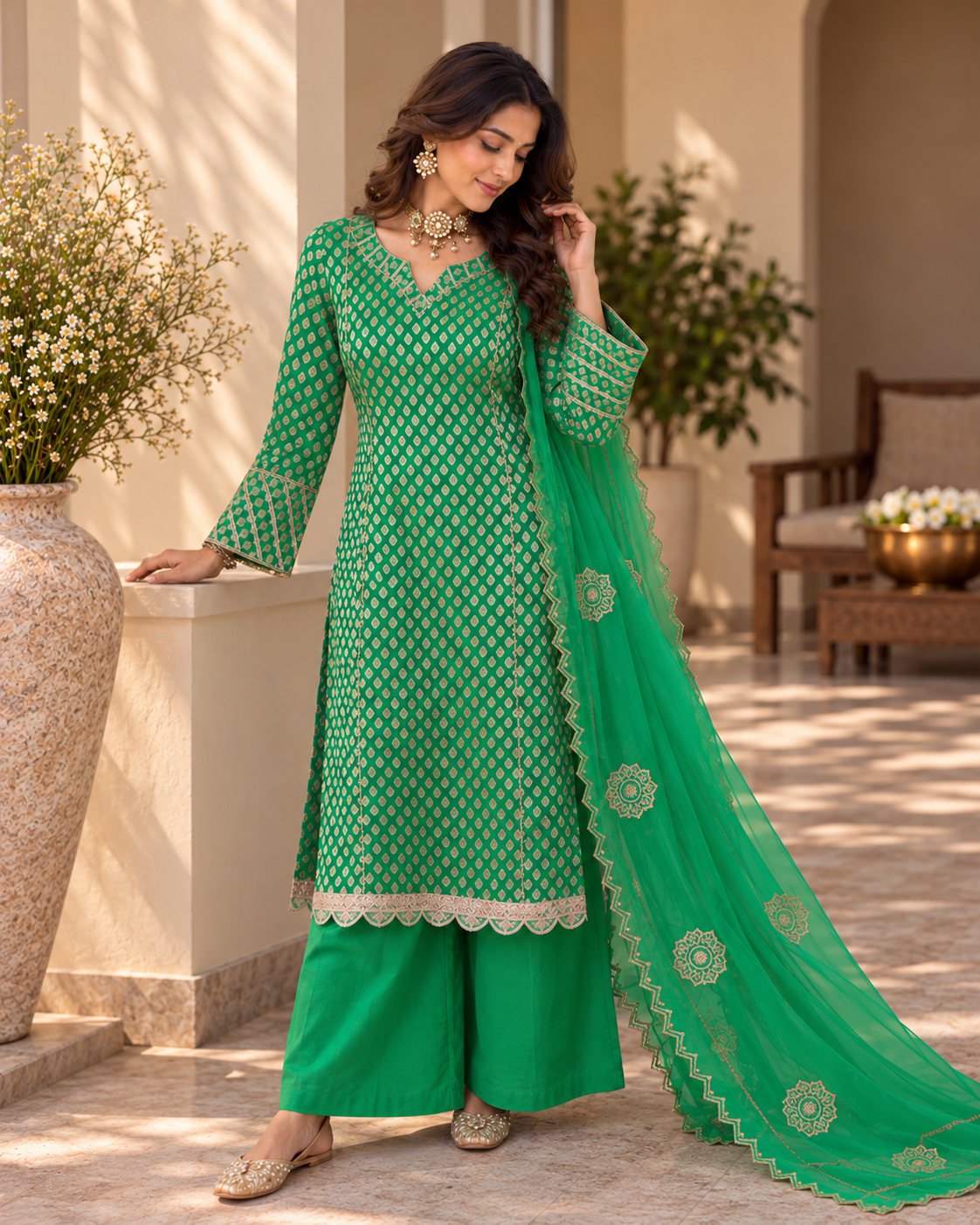 Brocade Shirt with Plain Pants and Organza Dupatta