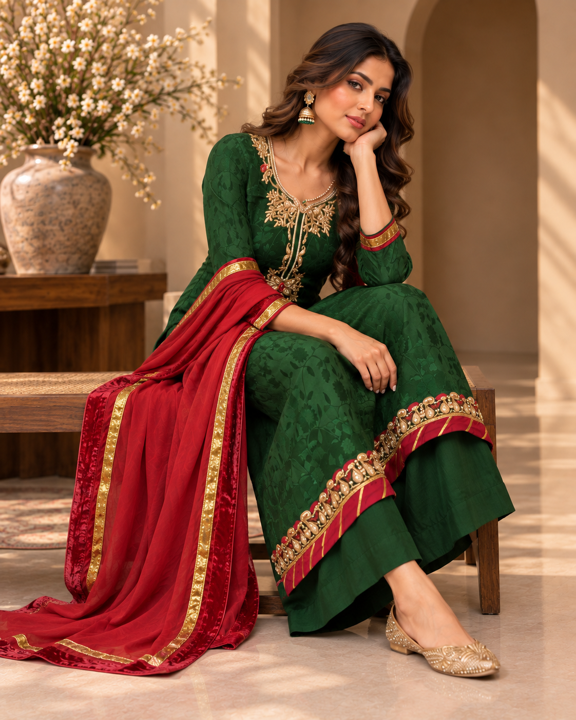 Bottle Green Embroidered Suit with Dupatta