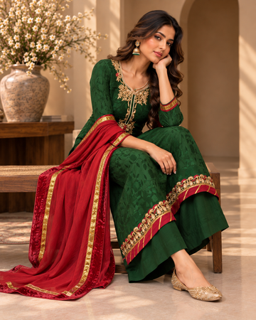 Bottle Green Embroidered Suit with Dupatta