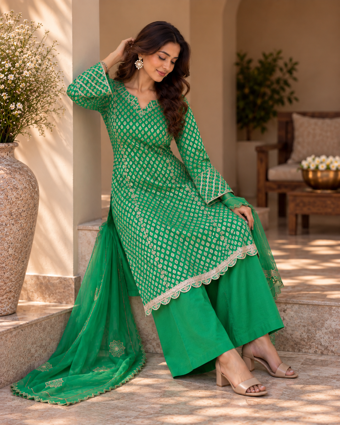 Brocade Shirt with Plain Pants and Organza Dupatta