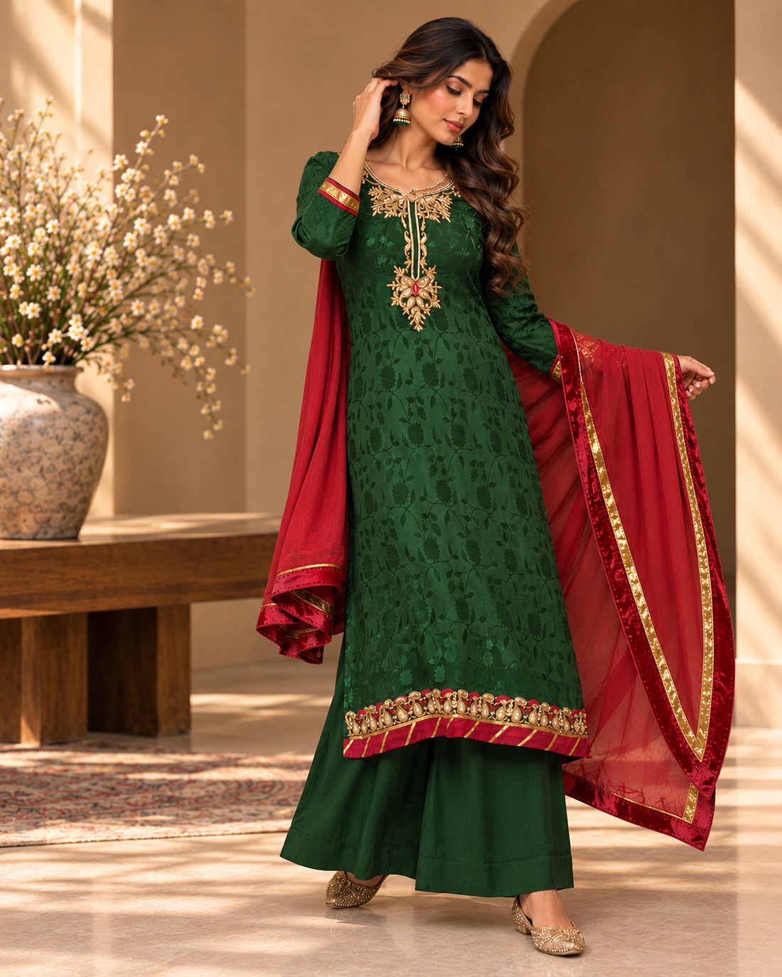 Bottle Green Embroidered Suit with Dupatta