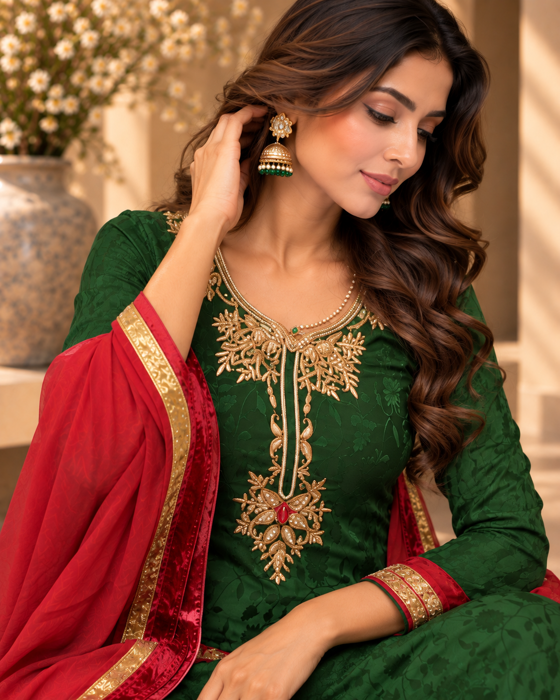 Bottle Green Embroidered Suit with Dupatta