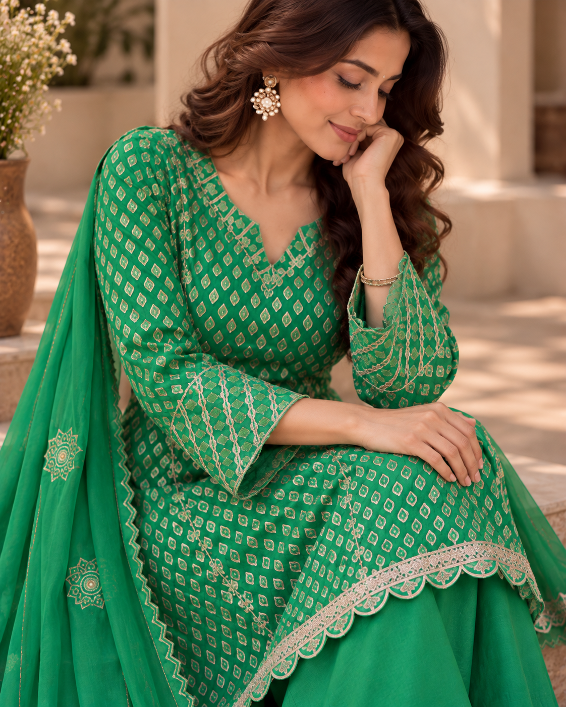 Brocade Shirt with Plain Pants and Organza Dupatta