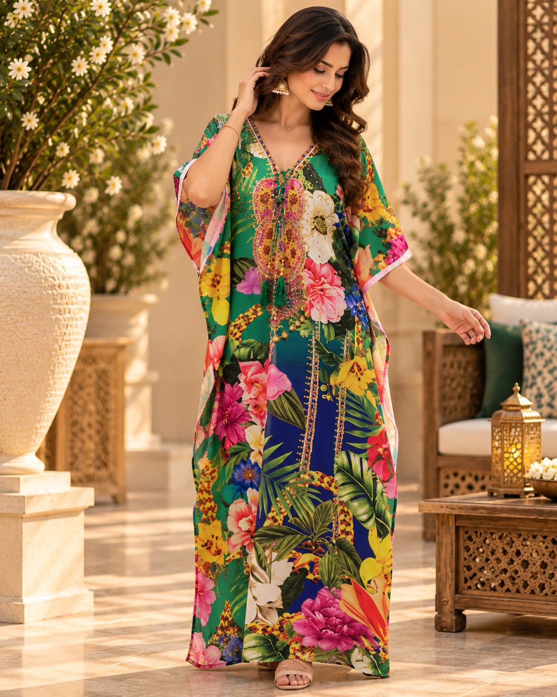 Multicolored V-Neck Dori Kaftan