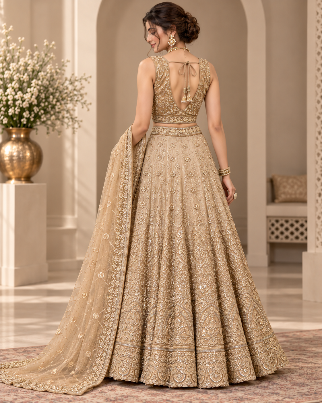 Champagne Net Embroidered Lehenga Set