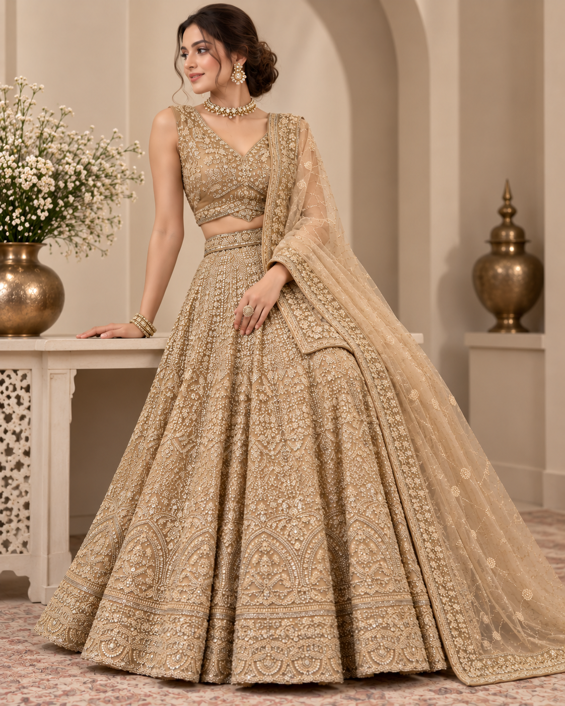 Champagne Net Embroidered Lehenga Set