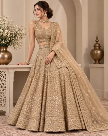 Champagne Net Embroidered Lehenga Set