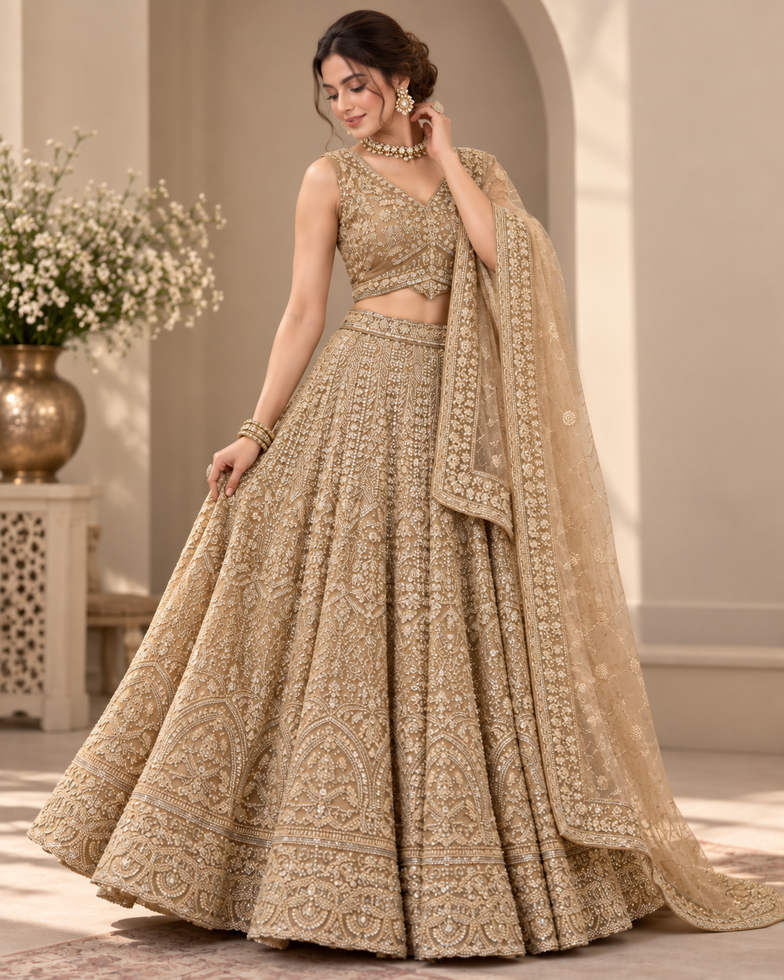 Champagne Net Embroidered Lehenga Set