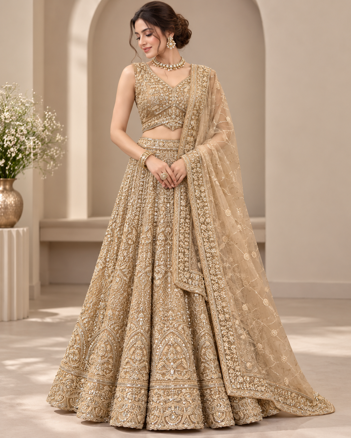 Champagne Net Embroidered Lehenga Set