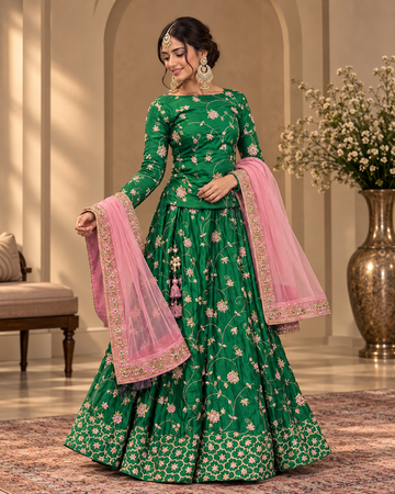 Green Embroidered Lehenga
