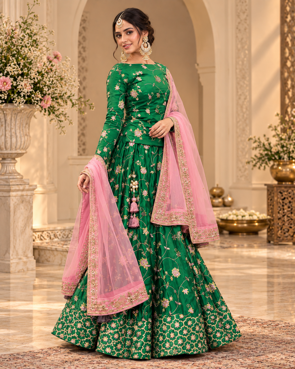 Green Embroidered Lehenga