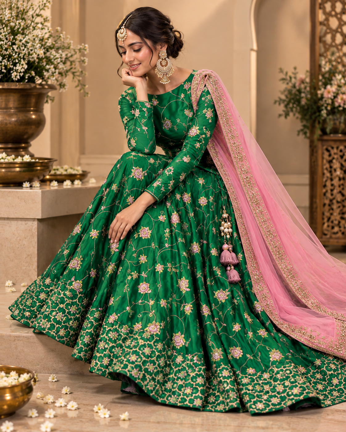 Green Embroidered Lehenga