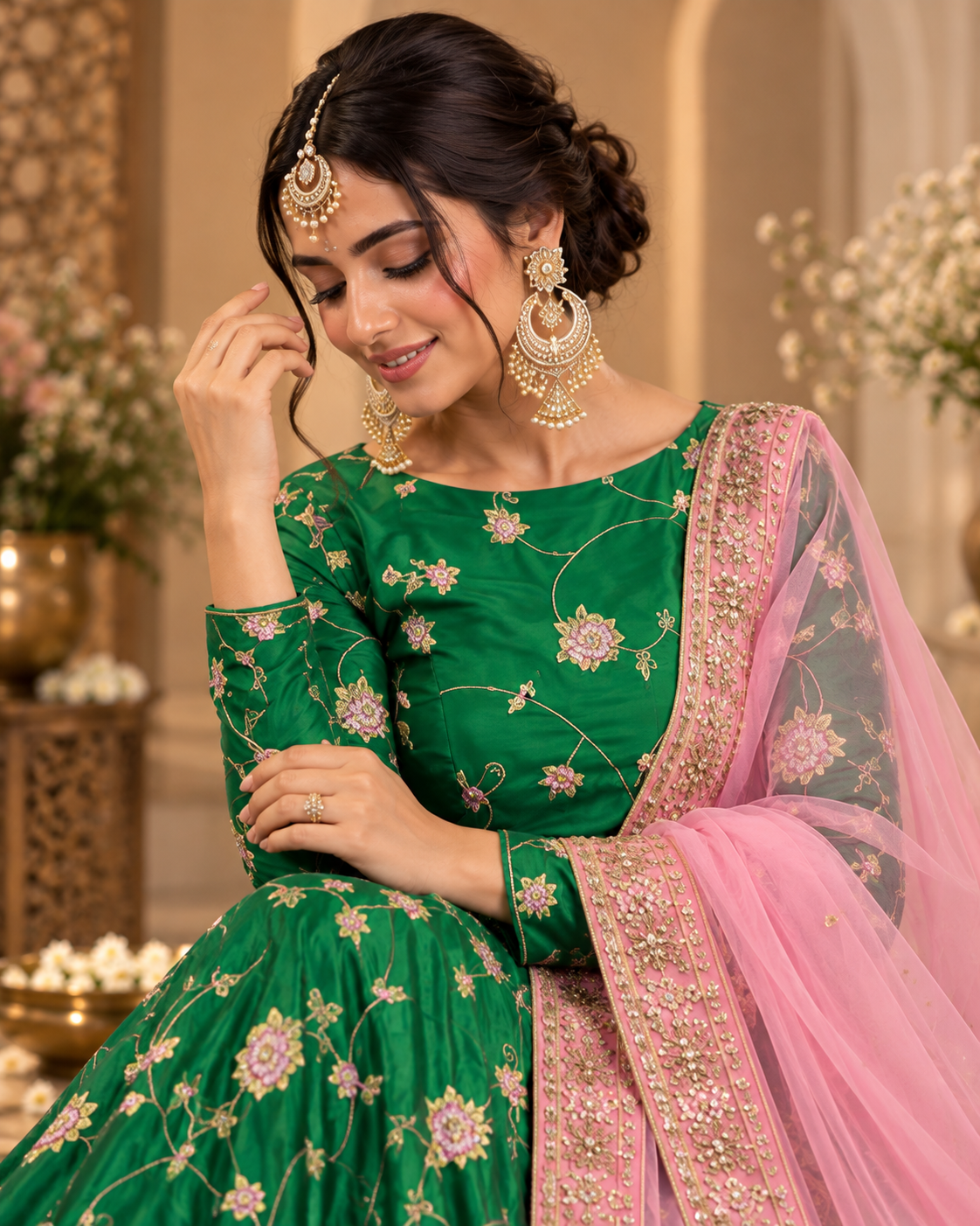 Green Embroidered Lehenga