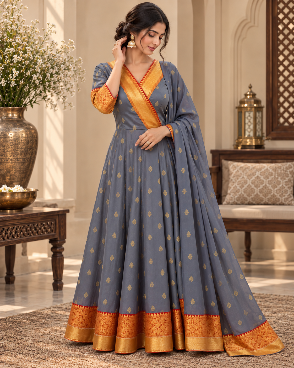 Karishma Silk Grey and Red Anarkali