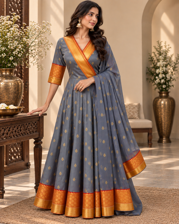 Karishma Silk Grey and Red Anarkali
